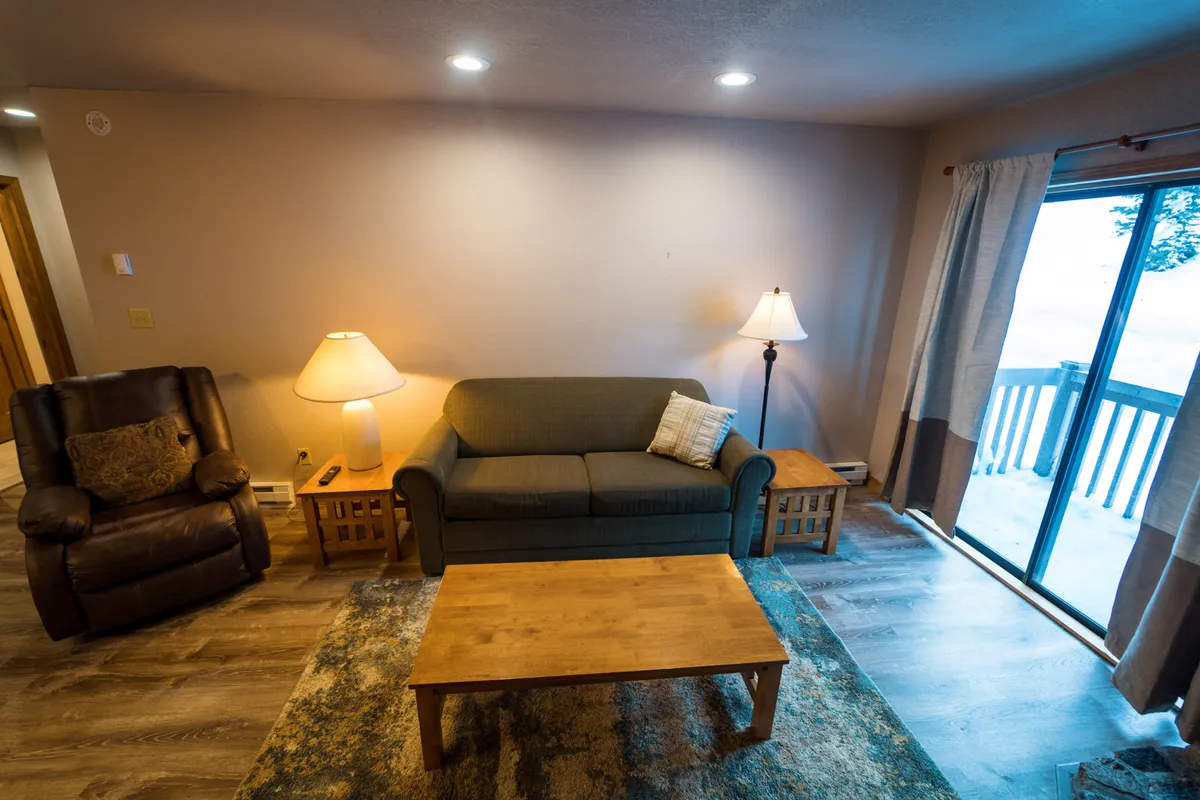 A comfortable seating area with a plush sofa, a stylish coffee table, and a floor lamp, all arranged on a soft rug. The sliding door allows natural light to pour in, with potential mountain views just outside, inviting relaxation and quiet moments.